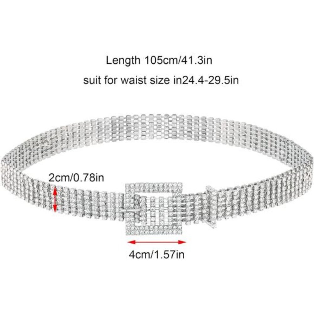 Women Rhinestone Belt Bling Crystal Shiny Waist Dress Belt Silver - Picture 2 of 8